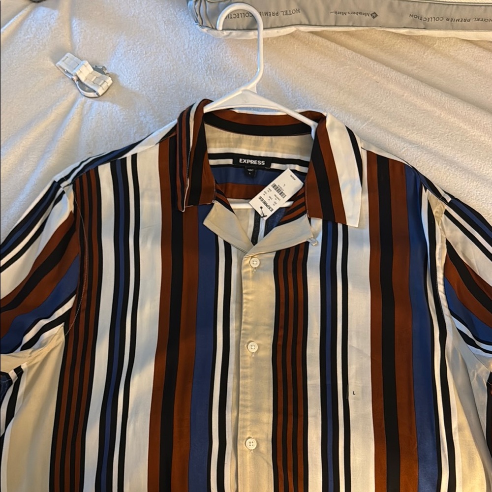 Express Men's Striped Shirt - Brown, Blue, White